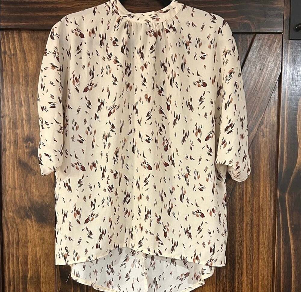 Elings Cream Abstract Print High Neck Tie Back Blouse